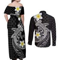 Aloha Hammerhead Shark Couples Matching Off Shoulder Maxi Dress and Long Sleeve Button Shirt Black Hawaiian Kakau Tribal Tattoo