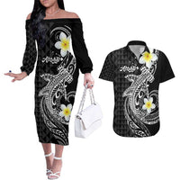 Aloha Hammerhead Shark Couples Matching Off The Shoulder Long Sleeve Dress and Hawaiian Shirt Black Hawaiian Kakau Tribal Tattoo