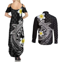 Aloha Hammerhead Shark Couples Matching Summer Maxi Dress and Long Sleeve Button Shirt Black Hawaiian Kakau Tribal Tattoo