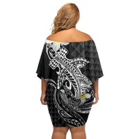 Aloha Hammerhead Shark Family Matching Off Shoulder Short Dress and Hawaiian Shirt Black Hawaiian Kakau Tribal Tattoo