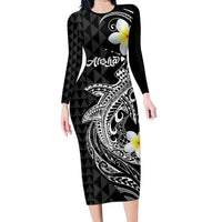 Aloha Hammerhead Shark Long Sleeve Bodycon Dress Black Hawaiian Kakau Tribal Tattoo
