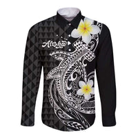 Aloha Hammerhead Shark Long Sleeve Button Shirt Black Hawaiian Kakau Tribal Tattoo
