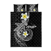 Aloha Hammerhead Shark Quilt Bed Set Black Hawaiian Kakau Tribal Tattoo