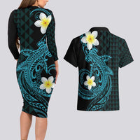 Aloha Hammerhead Shark Couples Matching Long Sleeve Bodycon Dress and Hawaiian Shirt Calypso Hawaiian Kakau Tribal Tattoo