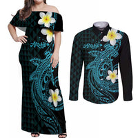 Aloha Hammerhead Shark Couples Matching Off Shoulder Maxi Dress and Long Sleeve Button Shirt Calypso Hawaiian Kakau Tribal Tattoo