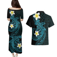 Aloha Hammerhead Shark Couples Matching Puletasi and Hawaiian Shirt Calypso Hawaiian Kakau Tribal Tattoo