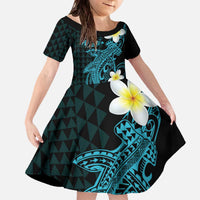 Aloha Hammerhead Shark Family Matching Off The Shoulder Long Sleeve Dress and Hawaiian Shirt Calypso Hawaiian Kakau Tribal Tattoo LT9 Daughter's Dress Blue - Polynesian Pride
