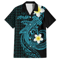 Aloha Hammerhead Shark Family Matching Off The Shoulder Long Sleeve Dress and Hawaiian Shirt Calypso Hawaiian Kakau Tribal Tattoo LT9 Dad's Shirt - Short Sleeve Blue - Polynesian Pride