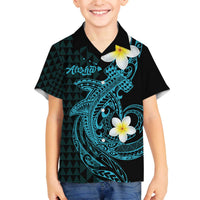 Aloha Hammerhead Shark Family Matching Off The Shoulder Long Sleeve Dress and Hawaiian Shirt Calypso Hawaiian Kakau Tribal Tattoo LT9 Son's Shirt Blue - Polynesian Pride