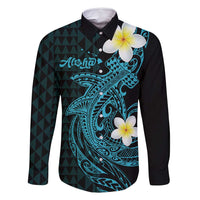 Aloha Hammerhead Shark Family Matching Off Shoulder Maxi Dress and Hawaiian Shirt Calypso Hawaiian Kakau Tribal Tattoo LT9 Dad's Shirt - Long Sleeve Blue - Polynesian Pride