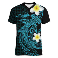 Aloha Hammerhead Shark Women V-Neck T-Shirt Calypso Hawaiian Kakau Tribal Tattoo