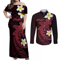 Aloha Hammerhead Shark Couples Matching Off Shoulder Maxi Dress and Long Sleeve Button Shirt Feverish Pink Hawaiian Kakau Tribal Tattoo