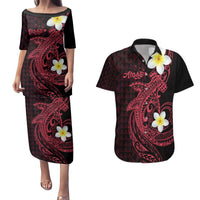 Aloha Hammerhead Shark Couples Matching Puletasi and Hawaiian Shirt Feverish Pink Hawaiian Kakau Tribal Tattoo