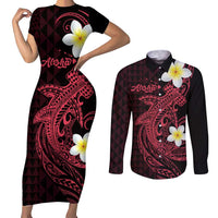 Aloha Hammerhead Shark Couples Matching Short Sleeve Bodycon Dress and Long Sleeve Button Shirt Feverish Pink Hawaiian Kakau Tribal Tattoo