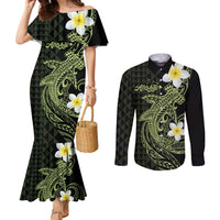 Aloha Hammerhead Shark Couples Matching Mermaid Dress and Long Sleeve Button Shirt Lime Rickey Hawaiian Kakau Tribal Tattoo