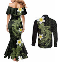 Aloha Hammerhead Shark Couples Matching Mermaid Dress and Long Sleeve Button Shirt Lime Rickey Hawaiian Kakau Tribal Tattoo