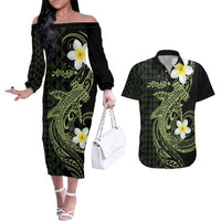Aloha Hammerhead Shark Couples Matching Off The Shoulder Long Sleeve Dress and Hawaiian Shirt Lime Rickey Hawaiian Kakau Tribal Tattoo