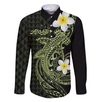 Aloha Hammerhead Shark Family Matching Off Shoulder Maxi Dress and Hawaiian Shirt Lime Rickey Hawaiian Kakau Tribal Tattoo LT9 Dad's Shirt - Long Sleeve Lime - Polynesian Pride