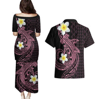 Aloha Hammerhead Shark Couples Matching Puletasi and Hawaiian Shirt Vivacious Pink Hawaiian Kakau Tribal Tattoo