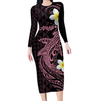 Aloha Hammerhead Shark Family Matching Long Sleeve Bodycon Dress and Hawaiian Shirt Vivacious Pink Hawaiian Kakau Tribal Tattoo