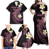 Aloha Hammerhead Shark Family Matching Off Shoulder Maxi Dress and Hawaiian Shirt Vivacious Pink Hawaiian Kakau Tribal Tattoo