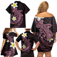 Aloha Hammerhead Shark Family Matching Off Shoulder Short Dress and Hawaiian Shirt Vivacious Pink Hawaiian Kakau Tribal Tattoo