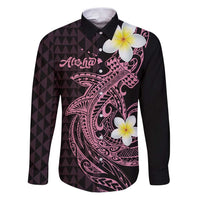 Aloha Hammerhead Shark Family Matching Puletasi and Hawaiian Shirt Vivacious Pink Hawaiian Kakau Tribal Tattoo LT9 Dad's Shirt - Long Sleeve Pink - Polynesian Pride