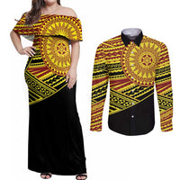 Personalised Tonga Ha apai High School Couples Matching Off Shoulder Maxi Dress and Long Sleeve Button Shirt Ngatu Fonulei Pattern