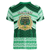 Personalised Tonga Saineha High School Women V-Neck T-Shirt Polynesian Ngatu Tribal