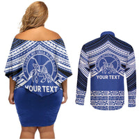 Personalised Tonga Taufa'ahau Pilolevu College Couples Matching Off Shoulder Short Dress and Long Sleeve Button Shirt Polynesian Ngatu Tribal