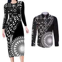 Black Tongan Ngatu Fonulei Pattern Couples Matching Long Sleeve Bodycon Dress and Long Sleeve Button Shirt