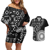 Black Tongan Ngatu Fonulei Pattern Couples Matching Off Shoulder Short Dress and Hawaiian Shirt