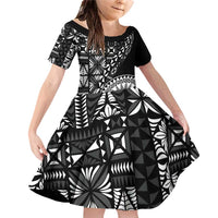 Black Tongan Ngatu Fonulei Pattern Family Matching Off Shoulder Short Dress and Hawaiian Shirt