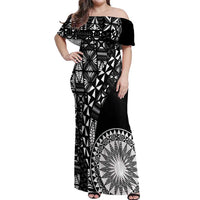 Black Tongan Ngatu Fonulei Pattern Off Shoulder Maxi Dress