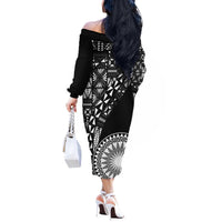 Black Tongan Ngatu Fonulei Pattern Off The Shoulder Long Sleeve Dress