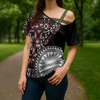 Red Tongan Ngatu Fonulei Pattern Cross Shoulder Shirt - Polynesian Pride