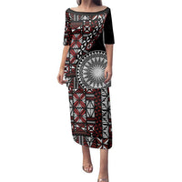 Red Tongan Ngatu Fonulei Pattern Family Matching Puletasi and Hawaiian Shirt