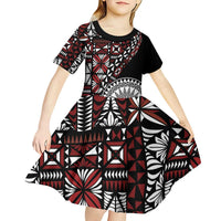 Red Tongan Ngatu Fonulei Pattern Kid Short Sleeve Dress LT9 - Polynesian Pride