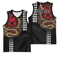 Hawaii and Japanese Oni Mask Personalised Basketball Jersey Kakau Pattern Dark Art Style - Polynesian Pride