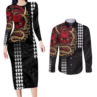 Hawaii and Japanese Oni Mask Personalised Couples Matching Long Sleeve Bodycon Dress and Long Sleeve Button Shirt Kakau Pattern Dark Art Style