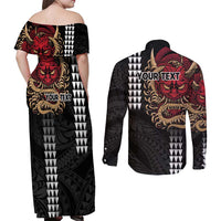 Hawaii and Japanese Oni Mask Personalised Couples Matching Off Shoulder Maxi Dress and Long Sleeve Button Shirt Kakau Pattern Dark Art Style