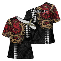 Hawaii and Japanese Oni Mask Personalised Cross Shoulder Shirt Kakau Pattern Dark Art Style - Polynesian Pride