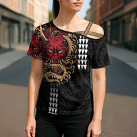 Hawaii and Japanese Oni Mask Personalised Cross Shoulder Shirt Kakau Pattern Dark Art Style - Polynesian Pride