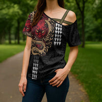 Hawaii and Japanese Oni Mask Personalised Cross Shoulder Shirt Kakau Pattern Dark Art Style - Polynesian Pride