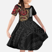 Hawaii and Japanese Oni Mask Personalised Family Matching Puletasi and Hawaiian Shirt Kakau Pattern Dark Art Style LT9 Daughter's Dress Black - Polynesian Pride
