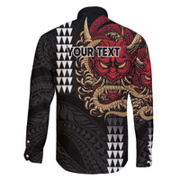 Hawaii and Japanese Oni Mask Personalised Family Matching Short Sleeve Bodycon Dress and Hawaiian Shirt Kakau Pattern Dark Art Style