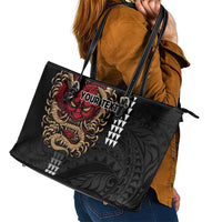 Hawaii and Japanese Oni Mask Personalised Leather Tote Bag Kakau Pattern Dark Art Style