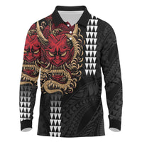 Hawaii and Japanese Oni Mask Personalised Long Sleeve Polo Shirt Kakau Pattern Dark Art Style