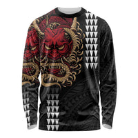 Hawaii and Japanese Oni Mask Personalised Long Sleeve Shirt Kakau Pattern Dark Art Style LT9 Unisex Black - Polynesian Pride