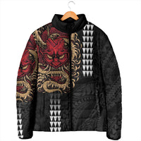 Hawaii and Japanese Oni Mask Personalised Padded Jacket Kakau Pattern Dark Art Style - Polynesian Pride